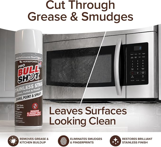 Horsepower Bull Shot Stainless Steel Cleaner Spray, As Seen On TV, Cleans, Polishes & Protects, Removes Greasy Fingerprints & Streaks