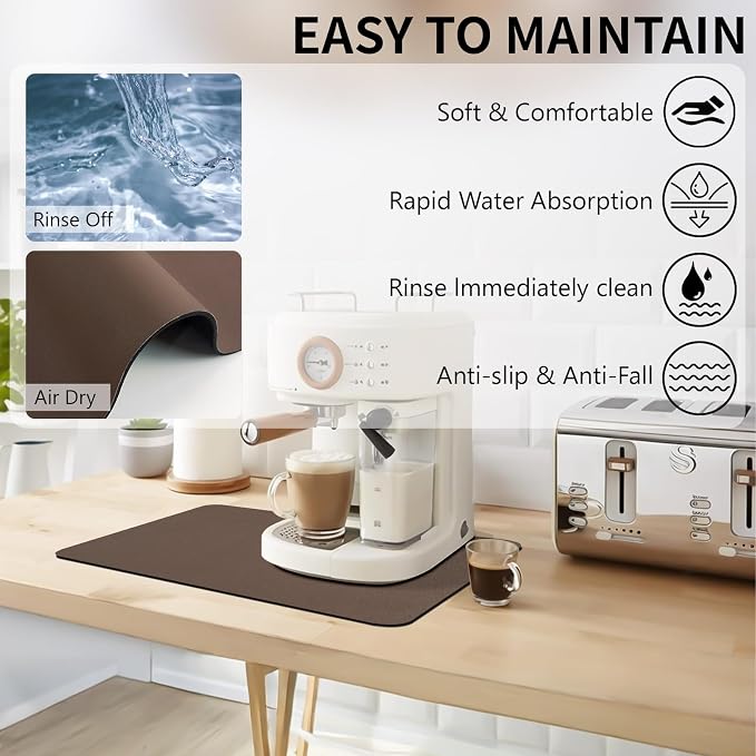Dish Drying Mat, 12" x 19" Dish Drying Rack Pad with Rubber Backed, Absorbent Coffee Bar Mat for Kitchen Countertop, Easy to Clean Espresso Mats, Fit Under Coffee Machine, Brown