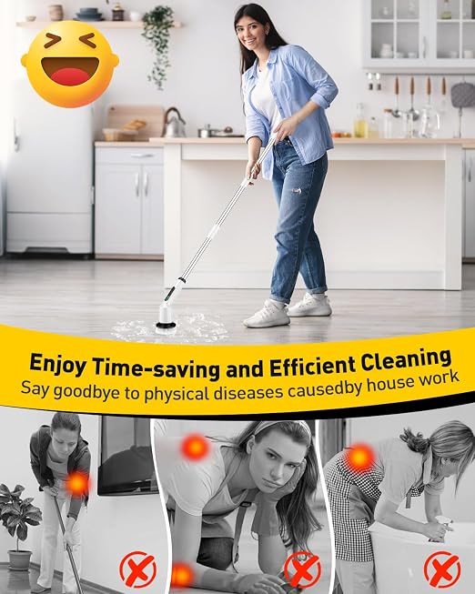 Shower Scrubber with Long Handle, Shower Cleaner Brush with 8 Floor Machine Pads, Cordless Electric Spin Scrubber for Cleaning with 2 Speed, Cleaning Supplies for Bathroom Bathtub Kitchen Floor Tile