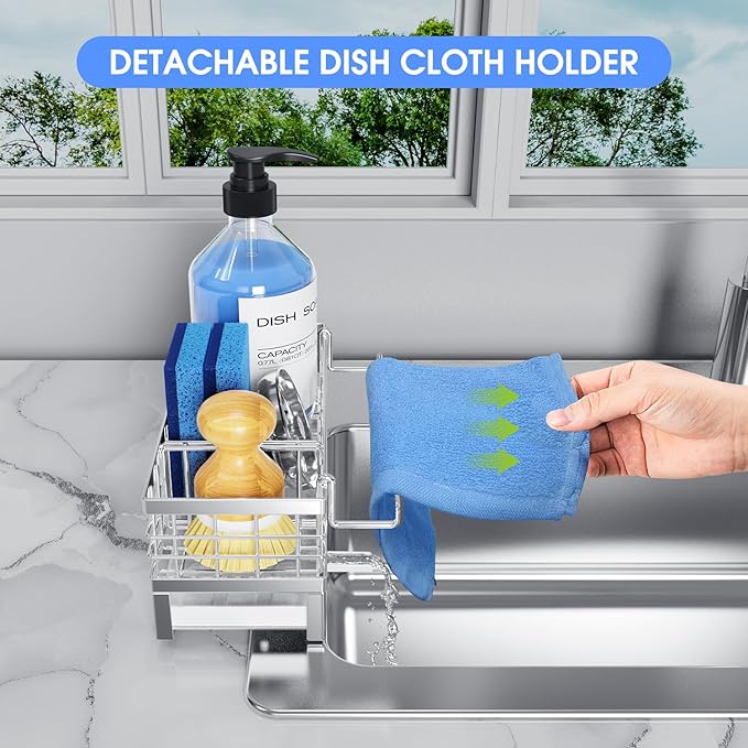 Kitchen Sink Sponge Holder - Self-Draining, Detachable Dish Cloth Holder, Rustproof Kitchen Countertop Organizer (Stainless Steel)
