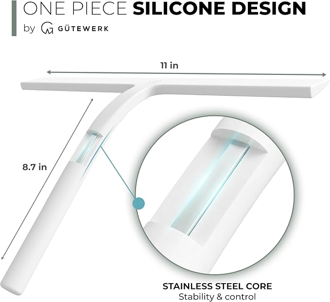 GÜTEWERK Silicone Shower Squeegee for Glass Doors & Mirrors with Stainless Steel Core, Streak-Free & No-Squeak Window Cleaning, 3-in-1 No-Drill Mount (Hook/Suction/Adhesive),White, 11 Inches
