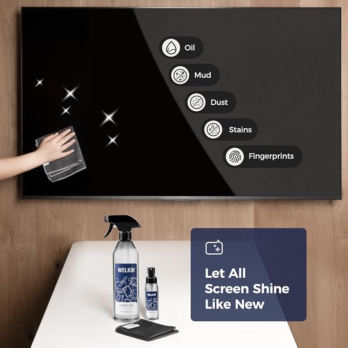 WELKIN Screen Cleaner Spray Kit, 18.6 oz + 2 oz for TV, Laptop & Phone | Fine Mist Spray for Screens, Gentle Formula, Streak-Free Cleaning, Anti-Static, Includes 1 Microfiber Cloth & 1 Glass Wipe