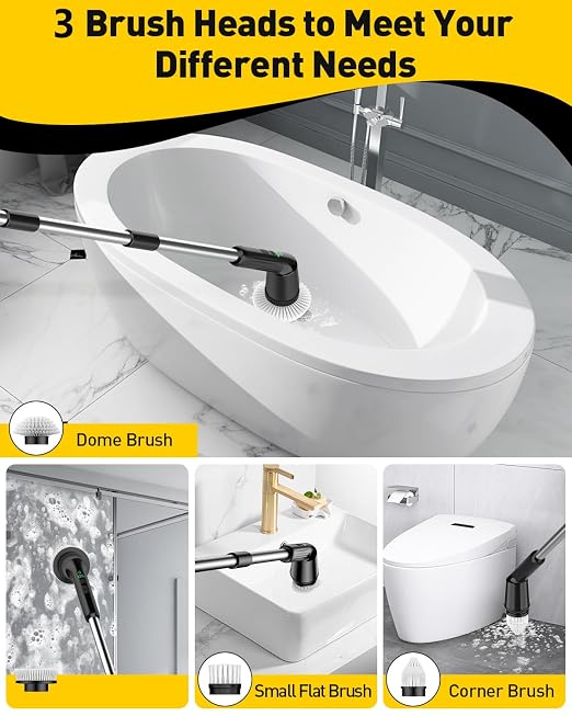 Electric Spin Scrubber for Cleaning Bathroom, Shower Scrubber with IPX7 Waterproof & 2 Speed, 3 Brush Heads, Abrasive Flat End Brushes, Bathroom Cleaning Supplies for Toilet Shower Tub Black
