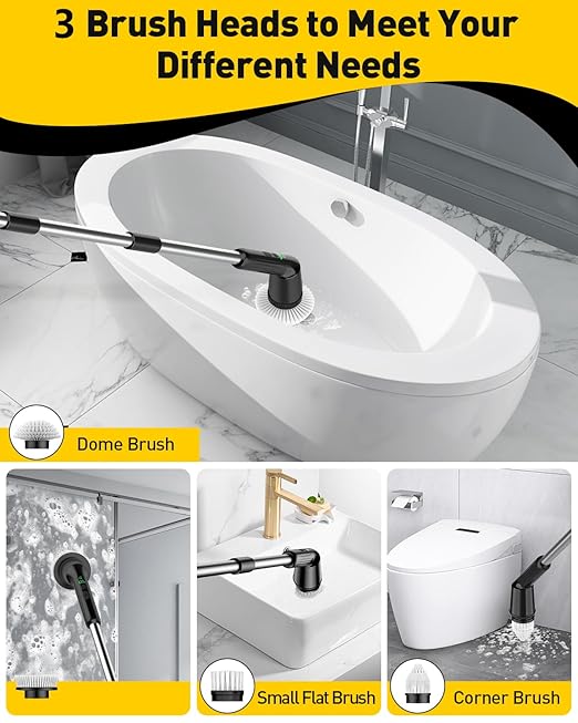 Electric Spin Scrubber for Cleaning Bathroom, Shower Scrubber with IPX7 Waterproof & 2 Speed, 3 Brush Heads, Abrasive Flat End Brushes, Bathroom Cleaning Supplies for Toilet Shower Tub Sooty