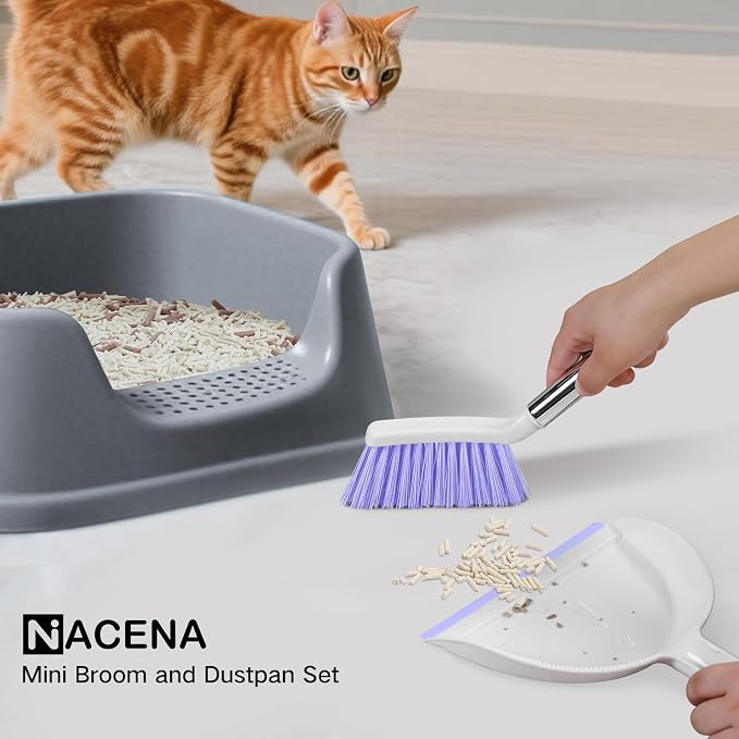 NACENA Mini Broom and Dustpan Set,Small Dust Pan and Brush Set,Light&Purple | Dust Pan and Brush Set with Handle Dustpan Teeth for Cleaning Hair Suitable for Office Desks Drawers Sofas Outdoor Camping