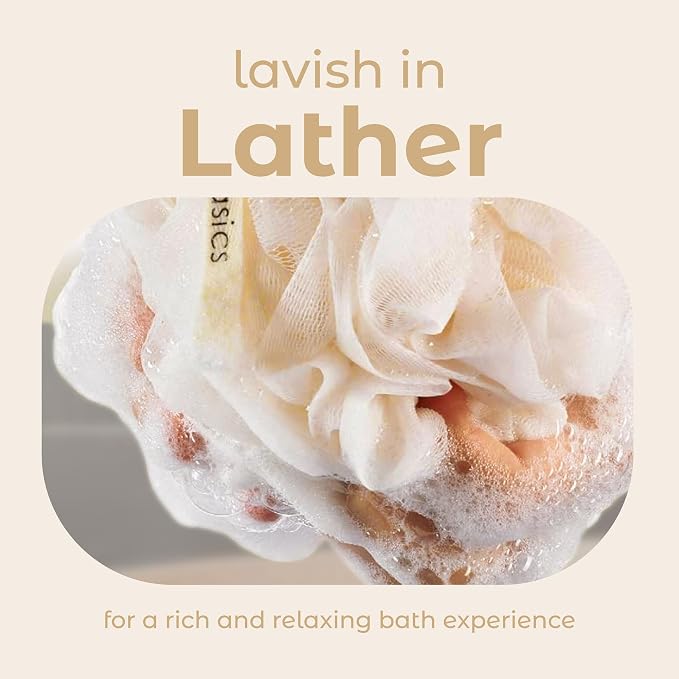 MainBasics Shower Loofah Sponge Pouf, Set of 3, Seaweed Infused | Soft Mesh Body Scrubber and Bath Sponge for Gentle Exfoliation, Rich Lather, and Everyday Shower Use