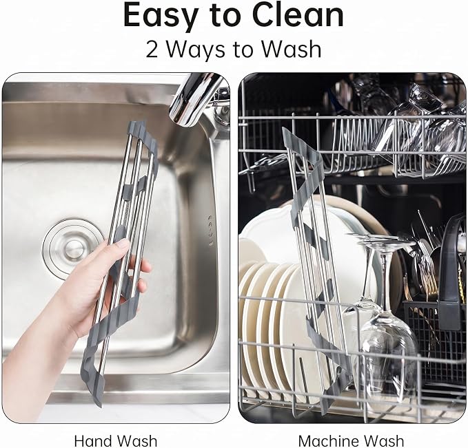 Tomorotec Stainless Steel Triangle Roll-Up Dish Drying Rack for Sink Corners - Foldable Over-The-Sink Multipurpose Kitchen Drainer, Trivet and Shelf - Space-Saving, Rustproof Organizer (Dark Gray)