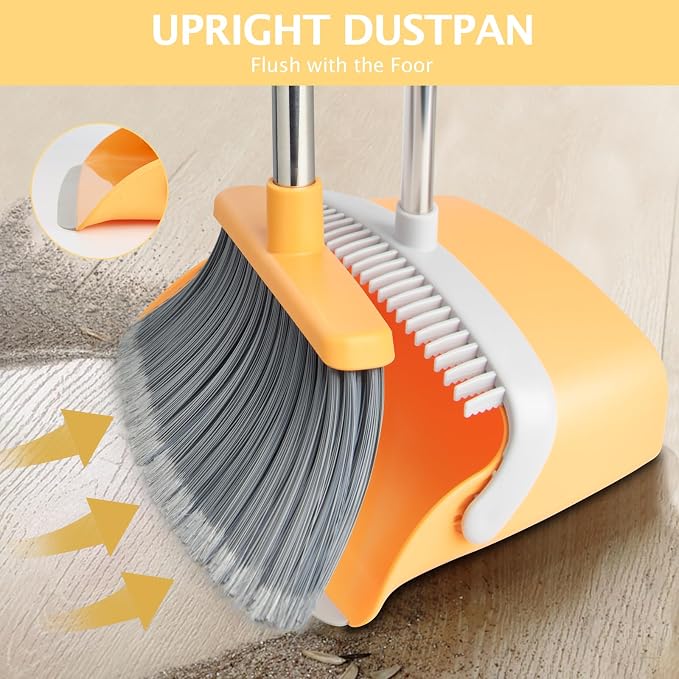 Broom and Dustpan Combo Set,Long Handle, Gray Yellow | Heavy Dust, Dustpans with Broom Combo for Home, Kitchen, Office, Classroom,Apartment, Pet Hair