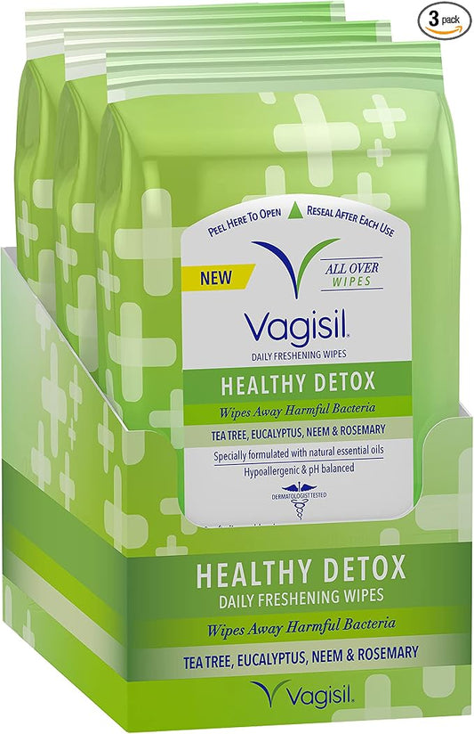 Vagisil Wipes for All Over Cleaning, Health Detox, Formulated with Essential Oils, 20 Wipes in a Re-Sealable Pouch (Pack of 3)