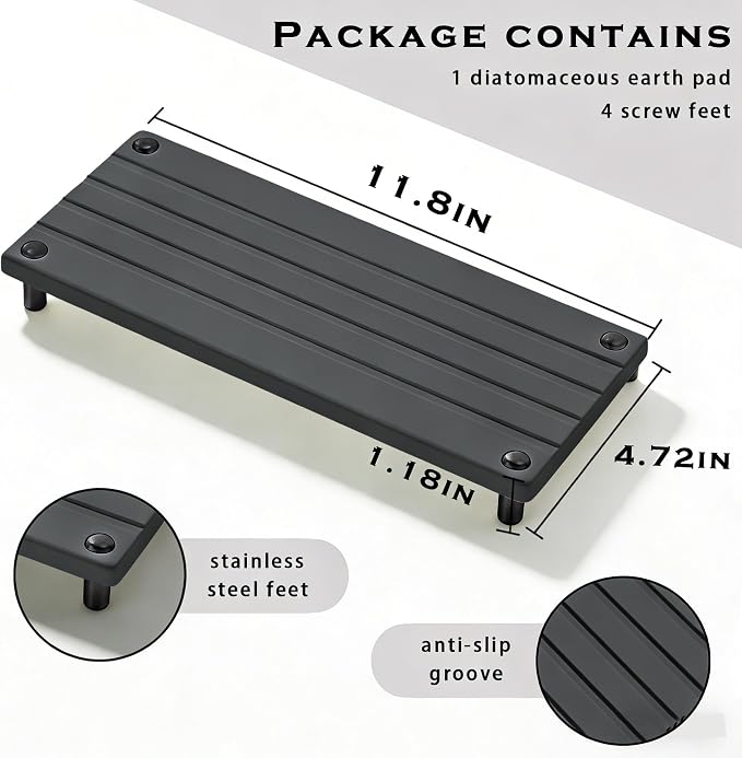 Durable Kitchen Sink Organizer, Instant Dry Sink Caddy for Bathroom Counter, Diatomite Stone Drying Tray, Upgrade Water Absorbing Stone Tray for Sink, Anti-Slip Stone Soap Tray -Dark Gray