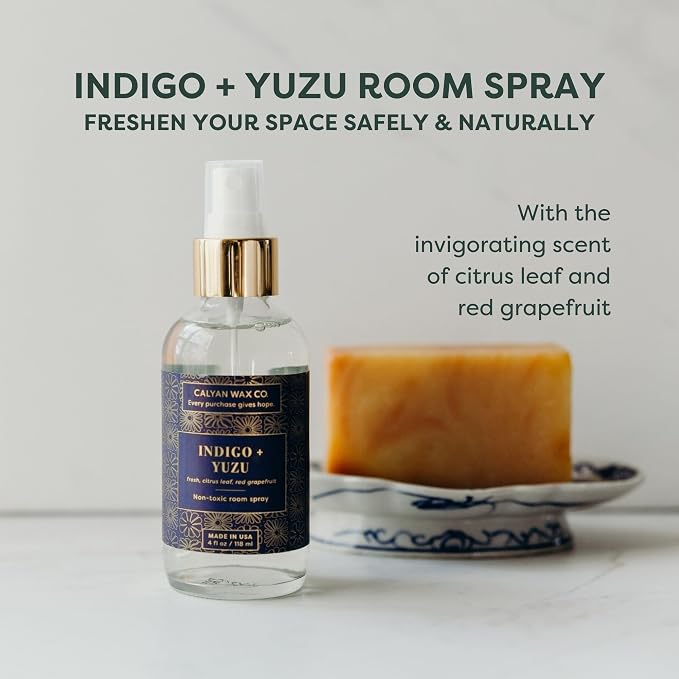Calyan Wax Co. Indigo & Yuzu Room Spray - Natural Room Deodorizer | Long Lasting Clean Air Freshener - Room Spray for Luxurious Home Fragrance - Bedroom, Bathroom & Car Spray - 4 fl oz