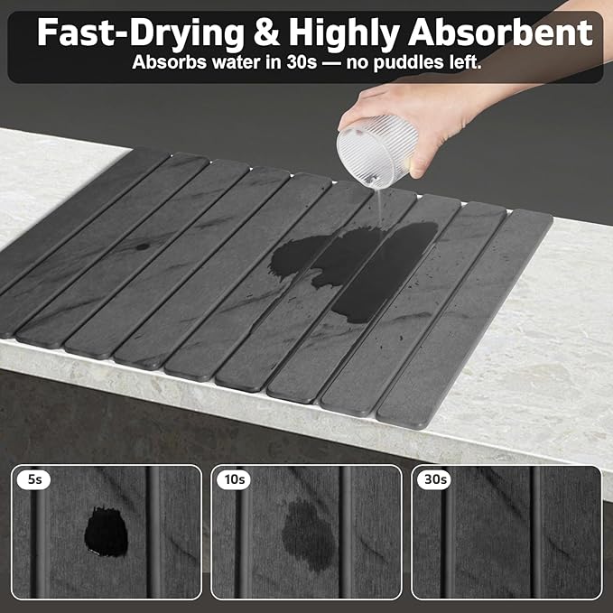 Large Stone Dish Drying Mat for Kitchen Counter, Quick Dry Dish Drying Mats, Foldable Absorbent Diatomaceous Earth Mats for Plate Rack Bottles Cups, Match Any Countertop (Gray Marble 24"×16" & 8"x4")