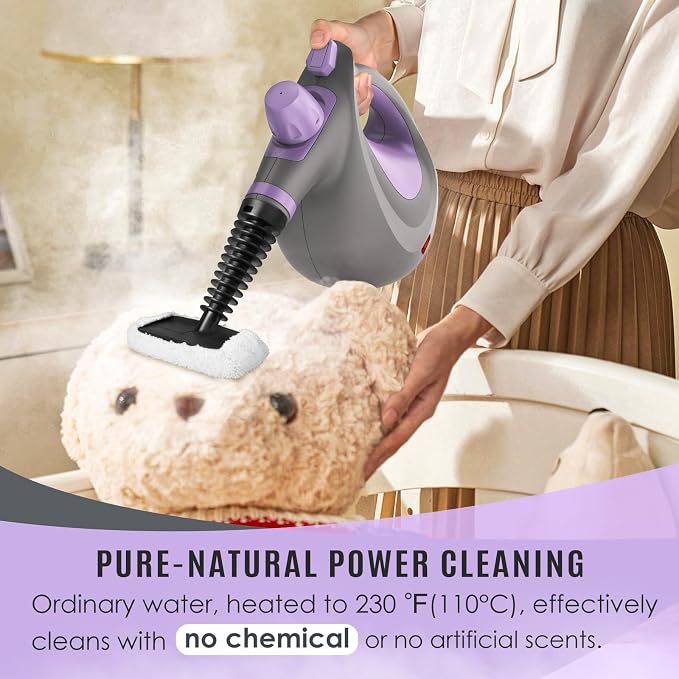 Phueut Pressurized Handheld Multi-Surface Natural Steam Cleaner with 12 pcs Accessories, Multi-Purpose Steamer for Home Use, Steamer for Cleaning Floor, Upholstery, Grout and Car (Purple)