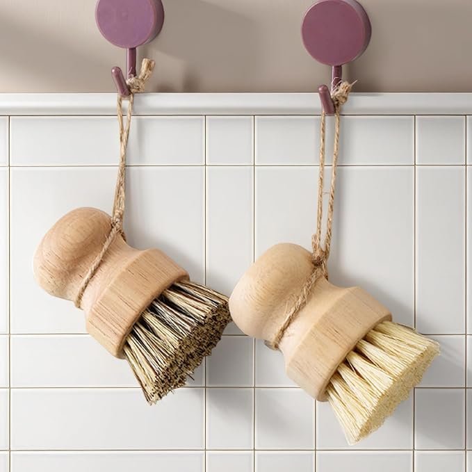 3 Pack Wood Dish Brush Set, Wood Scrub Brush for Dishes with Natural Sisal Bristles for Cleaning Pots, Pans and Vegetables