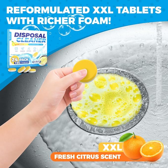Garbage Disposal Cleaner and Deodorizer Tablets - 24 Pack, Powerful XXL Foaming Disposal Cleaner - Citrus Scented Foam, Natural Garburator & Sink Freshener, Septic Safe Kitchen Drain Cleaning Care