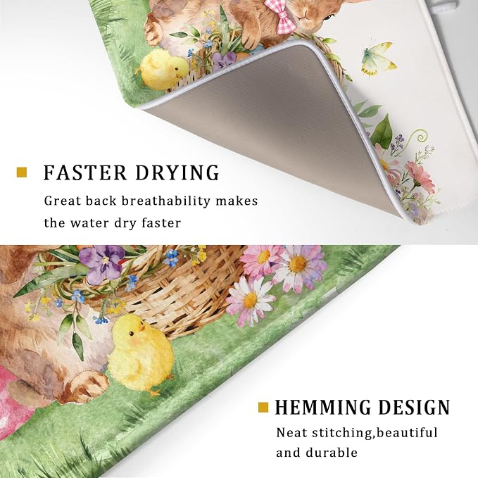 Easter Rabbit Eggs Dish Drying Mat for Kitchen Counter 18x24 Inch Spring Flowers Large Microfiber Dish Drainer Rack Mats