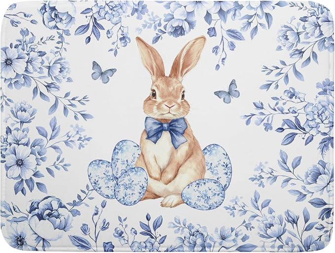 Easter Large Dish Drying Mat Blue Flower Rabbit Holiday Decorative Kitchen Countertop Mats 18x24