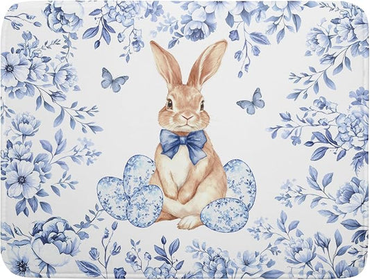 Easter Large Dish Drying Mat Blue Flower Rabbit Holiday Decorative Kitchen Countertop Mats 18x24