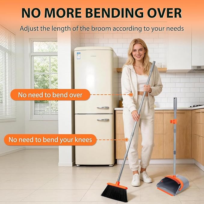 YZO Broom with Dustpan Combo Set, 56.1-Inch Long Handle Standing Design, Dustpan Front Rubber Tight Seal, Broom with 5-Layer Bristles, Suitable for Indoor Outdoor(Gray&Orange)