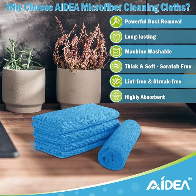 AIDEA Microfiber Cleaning Cloth Blue-100PK, Soft Absorbent Shop Rags, Microfiber Towels for Cars, Kitchen Towels, Dusting Cloth for Home, Window, Cleaning Supplies, 12"×12"