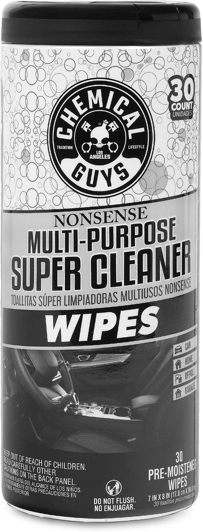 Chemical Guys, Nonsense Colorless All-Purpose Cleaner Wipes, 30 Ct Canister | Colorless, residue-free wipes clean vinyl, rubber, plastic, leather, carpet and upholstery, thirty per canister