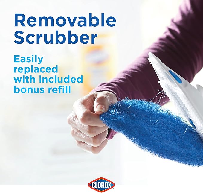Clorox Extendable Tub & Tile Scrubber with Polyurethane Head – Heavy Duty Bathroom Cleaning Brush with Bonus Refill, Pivoting Head, Replaceable Pad, Works with Clorox Wipes