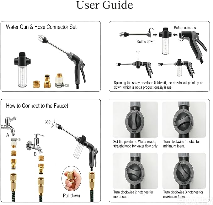 High Pressure Hose Nozzle with 4 Spray Modes, Adjustable Water Spray Gun, Metal Garden Hose Sprayer for Car Wash, Plant Watering, Patio & Outdoor Cleaning (Sprayer Kit with 3 Connectors & Foam Cannon)