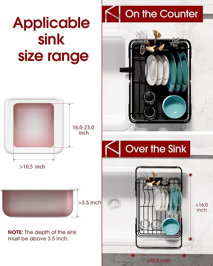 Sakugi Dish Drying Rack in Sink - Expandable Stainless Steel Dish Rack Over The Sink, Kitchen Sink Drain Strainer with Cutlery Holder & Cup Holders, 15.2 x 10.0 x 4.2 Inch, Black