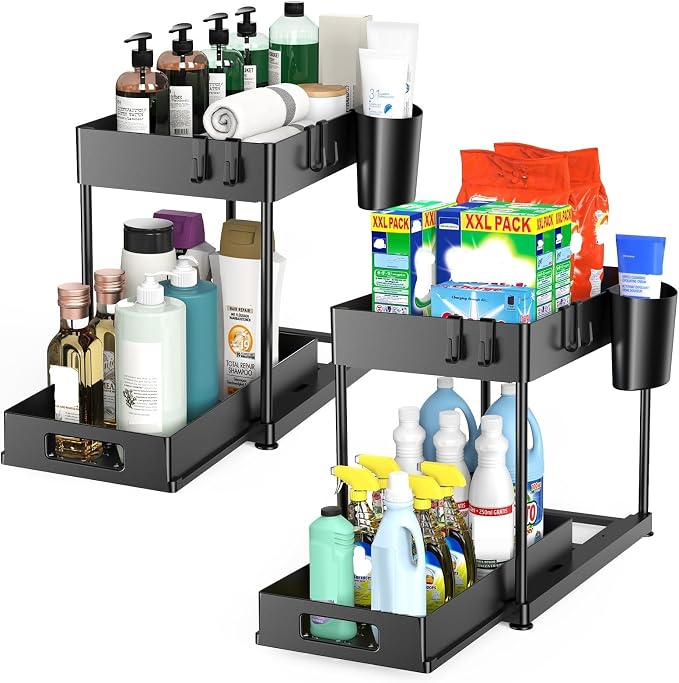 2 Pack Under Sink Organizer with Pull-Out Drawer, Black | 2-Tier Cabinet Storage, Kitchen & Bathroom, Tool-Free Assembly, Fits Cleaning Supplies & Toiletries, Space Saving