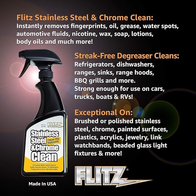 Flitz Stainless Steel & Chrome Clean - 16oz Bottle, USA-Made Stainless Steel Cleaner Spray for Appliances - Grill, Fridge, Sink Stain Remover - Also Works on Aluminum Surfaces (6 Pack)