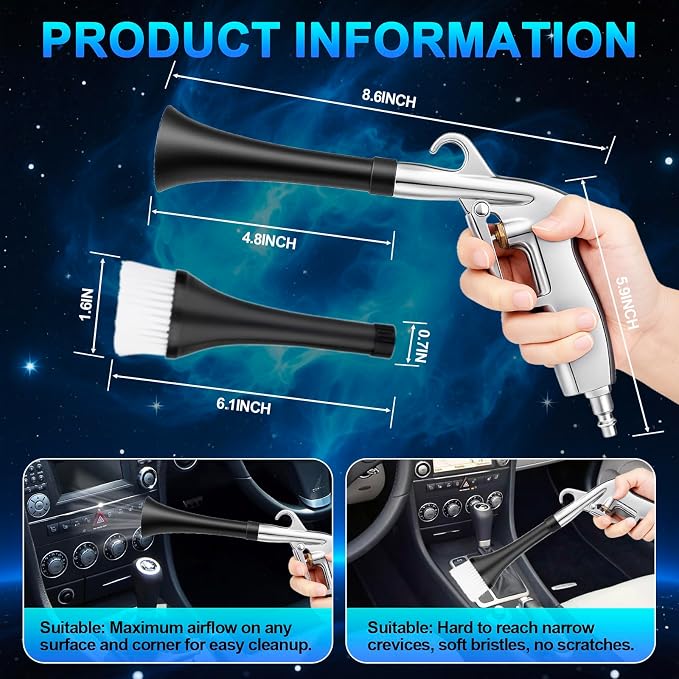2 Nozzles Air Cleaning Gun, Dry Cleaning Gun Quickly Blasts Dust, Dirt and Grime from Surface, Dryer Air Blow Gun Works with Air Compressor, Car Detailing Tool for Interiors Exteriors Deeply Cleaning