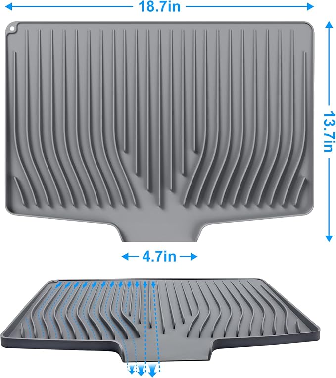 Silicone Dish Drying Mat for Kitchen Countertops and Sinks,19 x13.7 Inch Non Slip Heat Resistant Mat with Built In Drainage System,For Refrigerator and Drawer Liners (Gray, 19 x13.7 Inch)