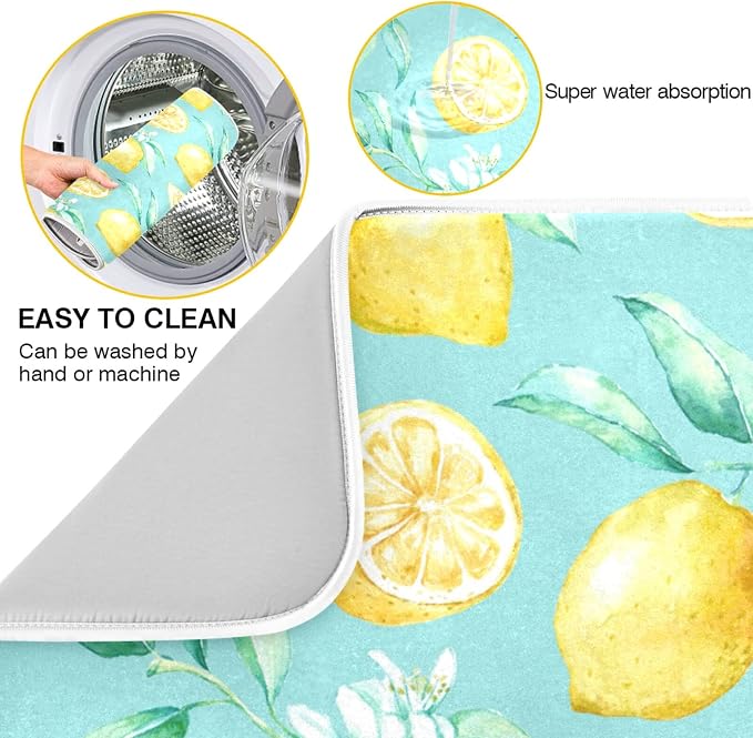 Absorbent Dish Drying Mat for Kitchen Counter - Yellow lemon teal background Microfiber Drying Pad, Reversible Drainer Mats for Countertop, Medium 16 x 18 inch