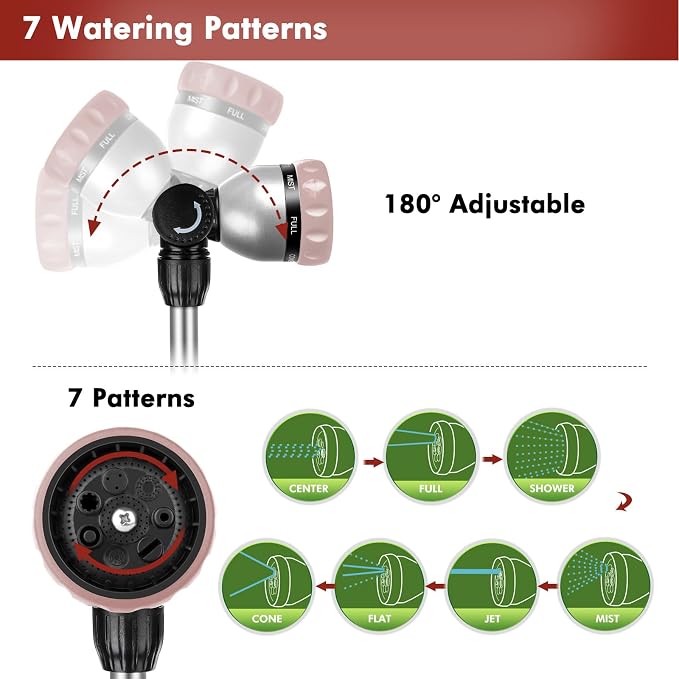 RESTMO Heavy Duty Metal Hose Wand, Watering Wand for Garden Hose | 180° Swivel Ratcheting Head, 16'' Hose Sprayer, 7 Spray Patterns, Flow Control, Ideal for Hanging Baskets & Shrubs, Rose Gold