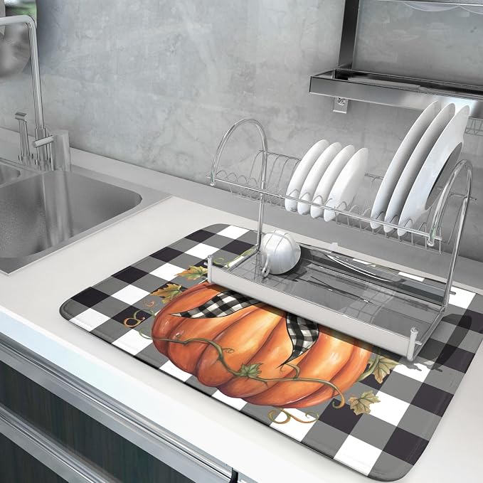 Fall Drying Mats for Kitchen Counter Fall Pumpkin Dish Drying Mat 18 x 24 Inch Autumn Black White Buffalo Check Dish Rack Mat Drainer Pad Thanksgiving Absorbent Microfiber Table Mat for Coffee Bar