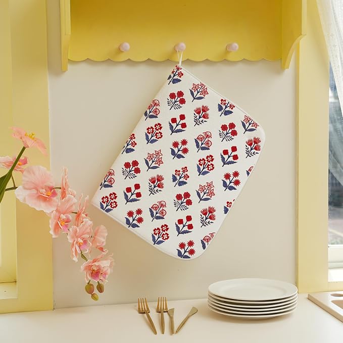 Red Blue Dish Drying Mat 18x24 Inch Vintage Boho Block Print Floral Drying Mat 4th of July Patriotic Flower Seasonal Absorbent Dish Drying Pad Dish Rack Drainer Mats for Kitchen Dining Counter
