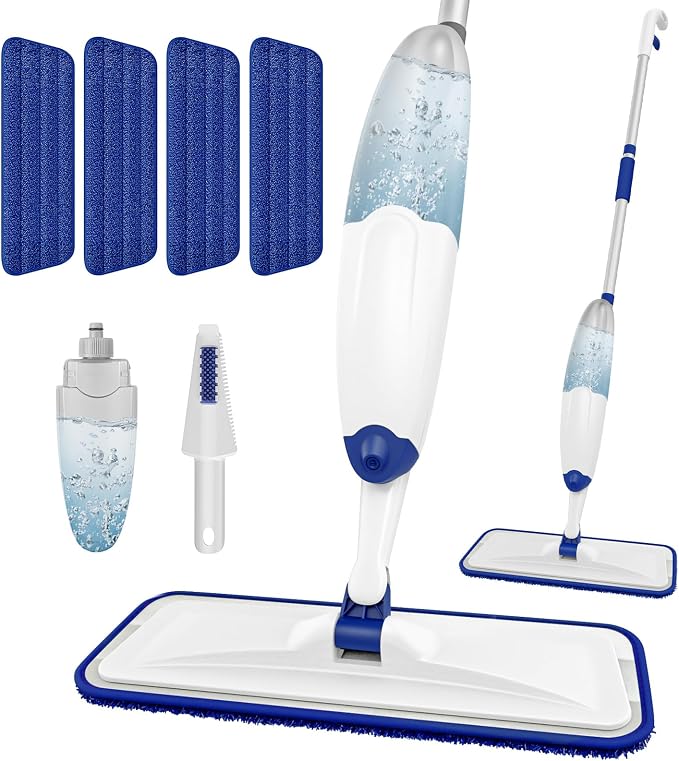 HOMTOYOU Microfiber Flat Mop with Sprayer: Spray Mop with 4 Washable Pads | Cleaning Multi-Surface Floors, 1Pcs 400+ML Refillable Bottle, Wet Dry Use, 360° Swivel Head, White
