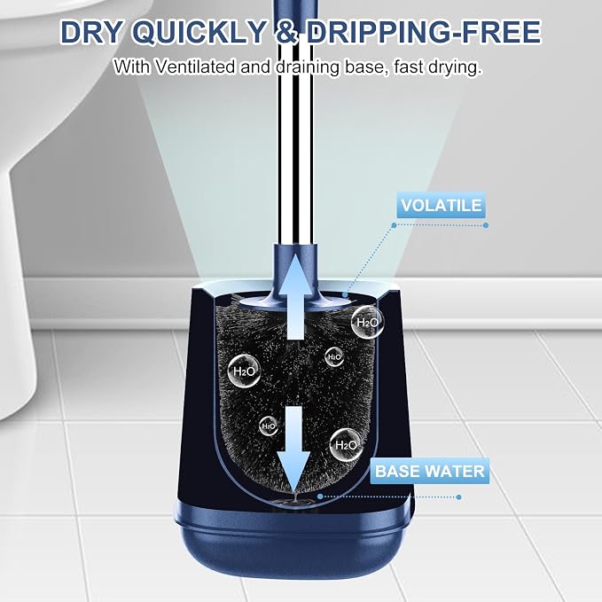 SetSail Toilet Brush and Holder, Self Closing Lid Toilet Bowl Brushes Holder and Extra Long Handle Ventilated Toilet Brush Set for Bathroom Cleaning, Nylon Bristles, Dark & Blue