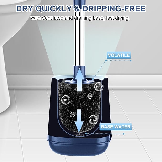SetSail Toilet Brush and Holder 3 Pack, Self Closing Lid Toilet Bowl Brushes Holder Extra Long Handle Ventilated Toilet Brush Set for Bathroom Cleaning, Nylon Bristles, Dark & Blue