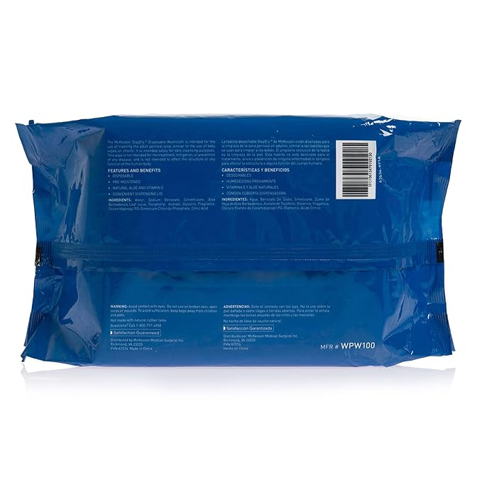 McKesson Staydry Disposable Washcloths with Aloe, Pre-moistened, 8 X 12", Soft Pack
