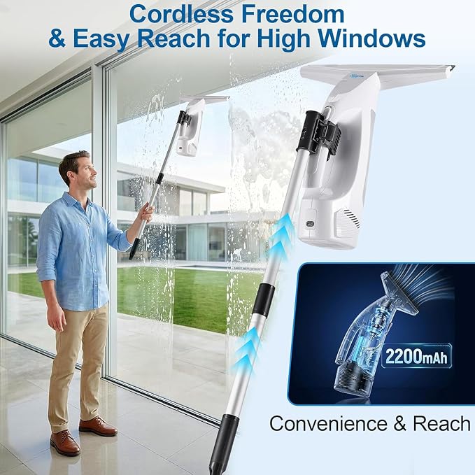 Window Vacuum Squeegee Cordless,Electric Window Cleaner with Extension Pole | Streak-Free Glass Cleaner for Shower Doors,Windows,Mirrors,Tiles,2000Pa Suction,2200mAh Battery,150ml Tank,2 Squeegee Blades.