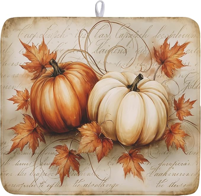 Fall Pumpkin Dish Drying Mat 16X18 Inch Vintage Autumn Drying Mat for Kitchen Counter Absorbent Maple Leaf Fall Thanksgiving Farmhouse Dishes Pad Drainer Mat Countertop Protector for Kitchen Fast Dry