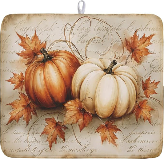 Fall Pumpkin Dish Drying Mat 16X18 Inch Vintage Autumn Drying Mat for Kitchen Counter Absorbent Maple Leaf Fall Thanksgiving Farmhouse Dishes Pad Drainer Mat Countertop Protector for Kitchen Fast Dry
