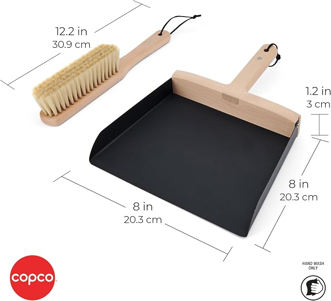 Copco Hand Brush and Dustpan Set - Wooden Beechwood Handle Broom and Dust Pan with Soft Bristles, Leather Loop Hanging Storage, Iron Dustpan, Kitchen and Home Cleaning Essentials
