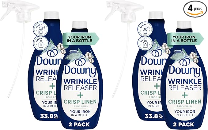 Downy Wrinkle Releaser Spray, All In One Formula, Removes Wrinkles, Static and Odor Eliminator, Crisp Linen Scent, 33.8 Fl Oz (Packaging May Vary),(Pack of 4)