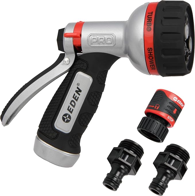 Eden PRO 94830 Metal Rear Trigger 6-Pattern Turbo Nozzle | Heavy-Duty Hose Sprayer for Garden, Lawn, Plants, Outdoor Cleaning, Durable Aluminum Core, Quick Connect Set Bundle