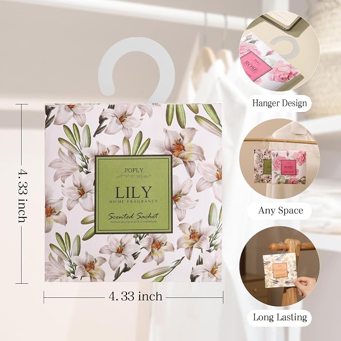12 Pack Lily Scented Sachets, Air Freshener for Home & Small Spaces | Hanging Sachet Bags with Retractable Hook; Closet Deodorizer & Odor Eliminator for Drawers, Shoe Cabinets, Cars & Luggage
