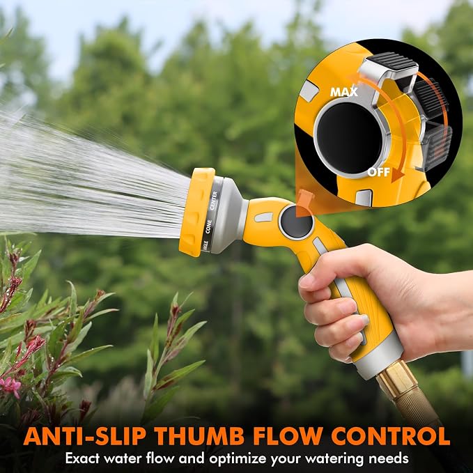 RESTMO Hose Nozzle Heavy Duty, Metal Water Hose Sprayer for Garden | 9 Spray Patterns, Leak Proof, Thumb Flow Control, On/Off Valve, Ideal for Outdoor Lawn & Plant, Car & Pet, Yellow