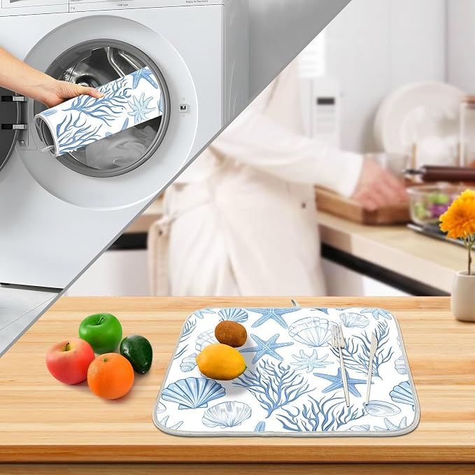 Nautical Coastal Dish Drying Mat for Kitchen Counter Absorbent Microfiber Large Summer Ocean Themed Seashell Coral Starfish Drying Pad Dish Mats for Kitchen Countertops 18 x 24 Inch