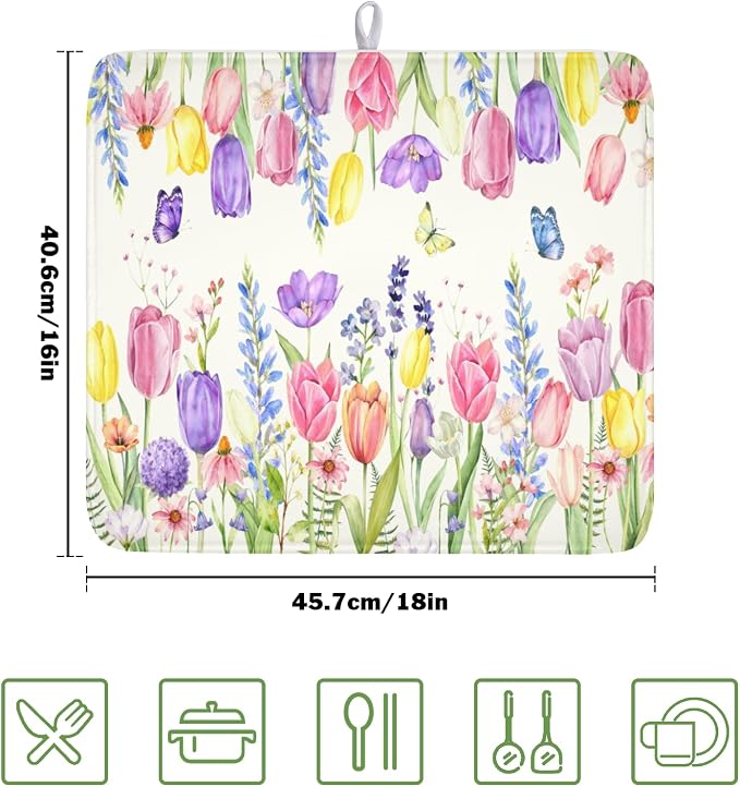 Spring Floral Dish Drying Mat for Kitchen Counter Easter Tulip Lavender Flower Microfiber Dish Drainer Mat Rustic Farmhouse Absorbent Washable Drying Pad 16"x18"